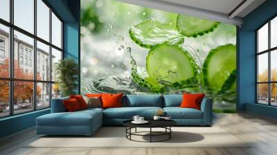 Green and healthy food ingredients in motion concept. Fresh cucumber slices levitating falling on green background with water droplets Wall mural