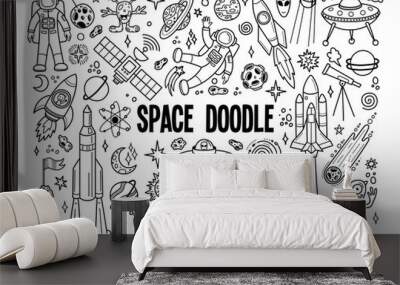 Hand drawn doodles cartoon set of space objects and symbols. Doodle objects on white background. Vector illustration. Wall mural