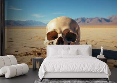 Human white skull with teeth left on desert sand of tropical paradise uninhabited rocky island. High mountains on the background. Mystery adventure story concept. Generative AI Technology Wall mural