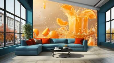 Illustration of orange fruits splashing around the glass with orange juice pulp. Healthy sweet summer refreshment liquid vitamin drink  Wall mural