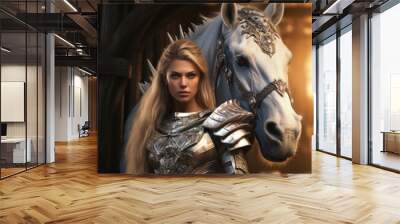 Immerse yourself in an extraordinary adventure with a captivating magician and her mystical horse, a true fantasy spectacle. White Horse AI generated Wall mural