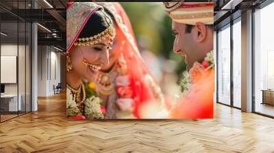 Indian wedding. Groom dressed in white Sherwani with stunning bride in lehenga during the Saptapadi ceremony on Hindu spousal. Celebration of special day of love marriage ceremony concept Wall mural