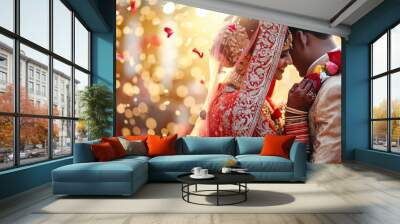 Indian wedding. Groom dressed in white Sherwani with stunning bride in lehenga during the Saptapadi ceremony on Hindu spousal. Celebration of special day of love marriage ceremony concept Wall mural