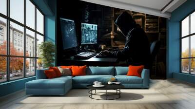 Male hacker man in mask and hood, sitting in apartment typing on laptop, hacking computer system. Internet, user privacy cybersecurity, blockchain, cybernetics, data protection concept. Generative AI Wall mural