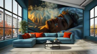 Man sleeping with lit cigarette in mouth. Danger and probability of a fire and a burning apartment. Insurance concept Wall mural