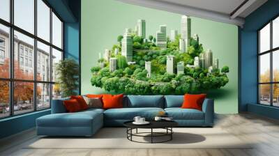 Megapolis with concrete skyscrapers surrounded by lush green trees. Combination of architecture and nature on light green background generative AI. Wall mural