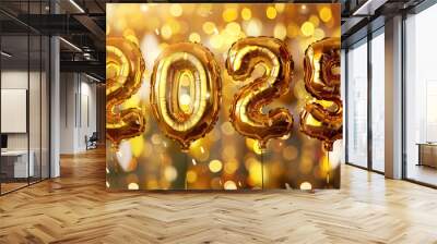 New Year celebration concept. Golden numbers 2025 two thousand twenty five new year balloons in sunlight bokeh background
 Wall mural