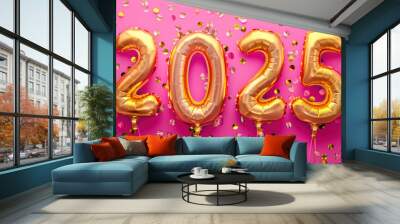 New Year xmas celebration concept. Golden numbers 2025 two thousand twenty five new year balloons in sunlight pink bright background Wall mural