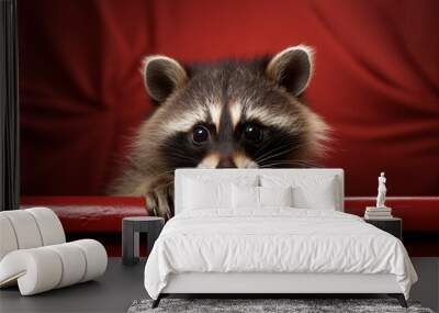 Nice, cute, sweet baby raccoon animal hiding behind the banner on dark violet red solid plain background. Wall mural