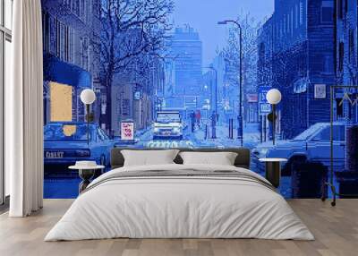 Pixelated Cityscape at Night: Blue Hues and Retro Vibes Wall mural