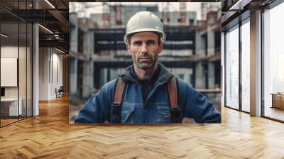 Portrait of a male construction worker on a construction site. A serious man against the background of a house under construction. generative AI. Wall mural