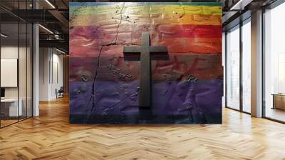 Religion cross belief faith and LGBT flag on background, christianity and homosexuality freedom pride. Rainbow LGBTQ gay flag as a symbol of tolerance and reformation in a church Wall mural