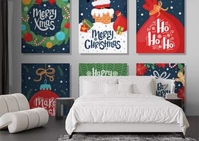 Set of Christmas and New Year greeting card with lettering hand drawn decorative elements on dark blue background. Wall mural