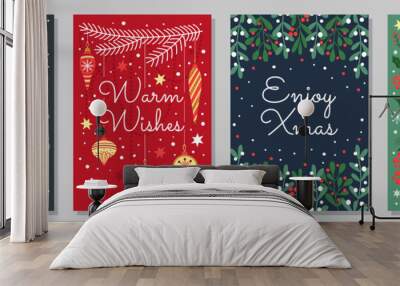 Set of Christmas and winter holidays greeting with hand drawn decoration elements. Vector template. Wall mural