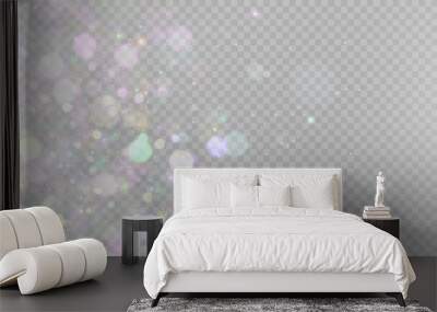 Sparkling glare light effects with colorful shimmer. Beautiful lens flare effect with bokeh, glittery particles and rays. Shining abstract background. Vector illustration Wall mural