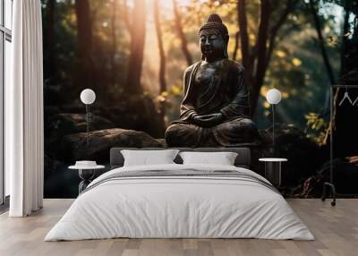 Statue of Buddha in morning a forest. Zen spiritual ritual meditating white face of brown Buddha, green background. Spiritual calmness and awakening. Religion concept, esoterics. Generative AI. Wall mural