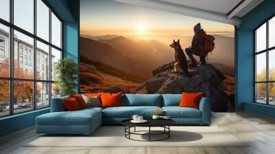 Teenaganer man with backpack and dog sitting at summit of mountain chase looking at beautiful stunning amazing view of the ocean sunrise or sunset. Freedom and travel concept. Generative AI Technology Wall mural