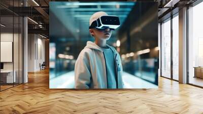 Teenage boy watching and wearing virtual reality goggles in mall. Adult looking in VR glasses, experiencing 3D gadget technology. Simulator glasses, another reality concept. Generative AI Technology. Wall mural