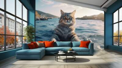 The cat is on vacation at sea, resting and enjoying life. floats in the sea generated AI. Wall mural