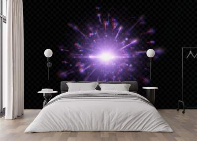 Vivid purple light effect with glare and particle explosion effect on black background. Vector 10 EPS Wall mural