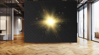 Yellow glowing light. Vector illustration for decorating cool effect with ray sparkles. Bright Star. Transparent shiny gradient glitter, bright flash. Glare texture. Wall mural