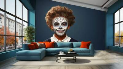 Young teenage boy with Halloween skeleton face paint makeup smiles. Copy paste, empty space place for text. Friday 13, having fun on Day of the Dead Dia de los muertos 31 of October carnival Wall mural