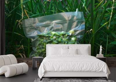 Frozen Green Onions Bag, Front View, Green Background Wall mural