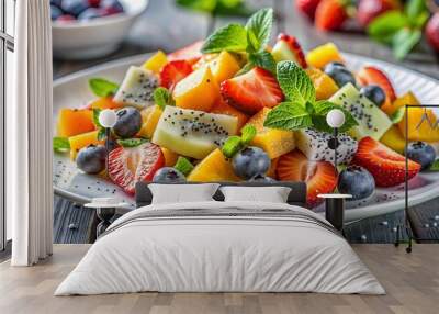 Fresh fruit salad bursting with vibrant colors and flavors – ideal for healthy eating and summer dessert ideas, gourmet food blogs, restaurant and cafe menus Wall mural