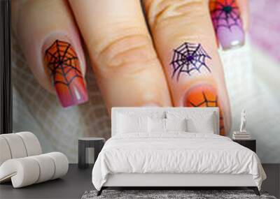 Halloween-themed vibrant manicure with spider web design, a stunning close-up showcasing skillfully done nails in festive shades, perfect for beauty enthusiasts, seasonal fashionistas Wall mural