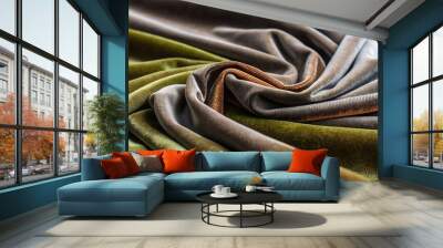 Luxurious velvet fabric in rich green and gray tones, featuring soft texture and smooth drapery folds, perfect for fashion, interior design, and textiles Wall mural