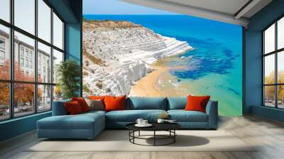 Scala dei Turchi (Italy) - The very famous white rocky cliff on the coast in the municipality of Porto Empedocle, province of Agrigento, Sicily, with beatiful golden beach and blue sea. Wall mural