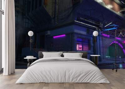 3d illustration of an old building on a street of futuristic city. Beautiful night scene with blue and purple neon lights in cyberpunk style. Gloomy urban landscape.	 Wall mural