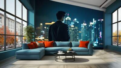 A businessman in a suit stands on top of a skyscraper on a blurred cyberpunk futuristic city panorama background with bright neon lights. Photorealistic Generative AI illustration. Wall mural