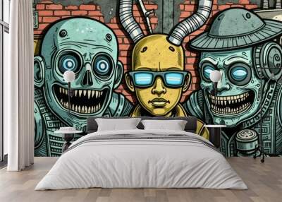 A colorful illustration of three figures against a brick wall; two are robots and the central figure is a human with glasses and pipes in head. Wall mural