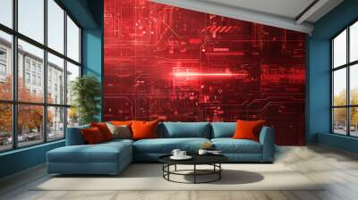 A complex, red-hued cyberpunk interface with intricate circuit designs and futuristic HUD elements, showcasing advanced technology. Wall mural