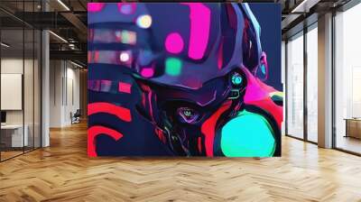 A cyborg with a glowing face-screen looks directly into the background of a blurred cyberpunk landscape in bright neon colors. Futuristic 3D illustration Wall mural