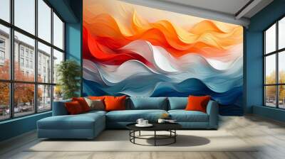 A dynamic abstract background with a vibrant mix of swirling colors. Reds, blues, and whites blend fluidly, evoking energy and movement. Wall mural