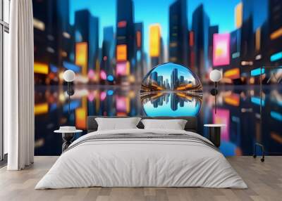 A glass ball with a reflection of a blurred city lights in it on a reflective surface with a blurry background Wall mural