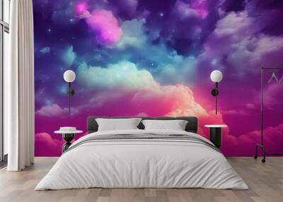 Abstract fantasy landscape. Cumulus neon clouds against night purple sky. Beautiful Natural wallpaper. 3D illustration. Wall mural