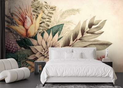 Beautiful composition of tropical plants. Vintage effect. Original design for postcard or poster. Old paper effect. Generative AI illustration. Wall mural