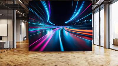 Blurred neon lights background. Futuristic race track lights in motion blur style. Futuristic night backdrop. Wall mural