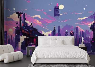 cyberpunk city night. retro futuristic pixel art composition. future cityscape in a style of 80's. u Wall mural