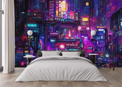 Cyberpunk neon city night. Futuristic city scene in a style of pixel art. 80's wallpaper. Retro future 3D illustration. Urban scene. Wall mural