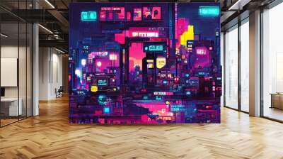 Cyberpunk neon city night. Futuristic city scene in a style of pixel art. 80's wallpaper. Retro future 3D illustration. Urban scene. Wall mural