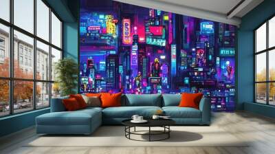 Cyberpunk neon city night. Futuristic city scene in a style of pixel art. 80's wallpaper. Retro future 3D illustration. Urban scene. Wall mural