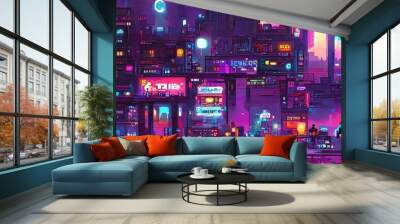 Cyberpunk neon city night. Futuristic city scene in a style of pixel art. 80's wallpaper. Retro future 3D illustration. Urban scene. Wall mural