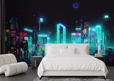 Cyberpunk neon city street at night. Futuristic city scene in a style of pixel art. 80's wallpaper. Retro future 3D illustration. Urban scene.	 Wall mural