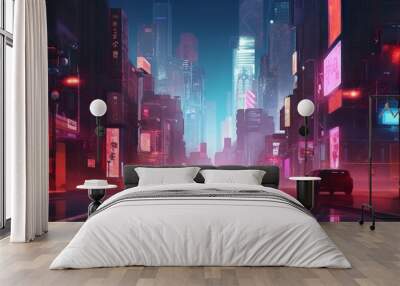 Cyberpunk neon city street at night. Futuristic city scene in a style of sci-fi art. 80's wallpaper. Retro future Generative AI illustration. Urban scene. Wall mural