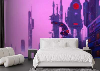 Cyberpunk urban scene. City of a future. Futuristic Generative AI illustration in purple and pink colors. Nostalgic classic cyberpunk wallpaper in 80's retro style. Aesthetics of sci-fi drawings.	 Wall mural