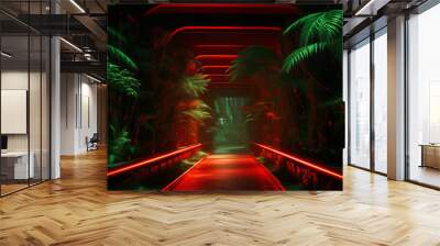 Futuristic city tunnel with green vegetation and neon lighting. Night scene in a city of a future. Cityscape in the style of biopunk. Photorealistic Generative AI illustration. Wall mural